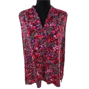 TAHARI Floral Print Sleeveless V-Neck Blouse Black/Red/Pink Size Large